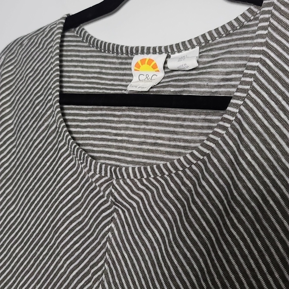 C & C CALIFORNIA Striped Gray and White 100% Linen Top Size Large - Picture 13 of 13